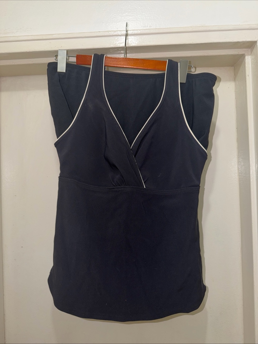 Navy V-Neck Swim Tankini Top with Contrast Piping